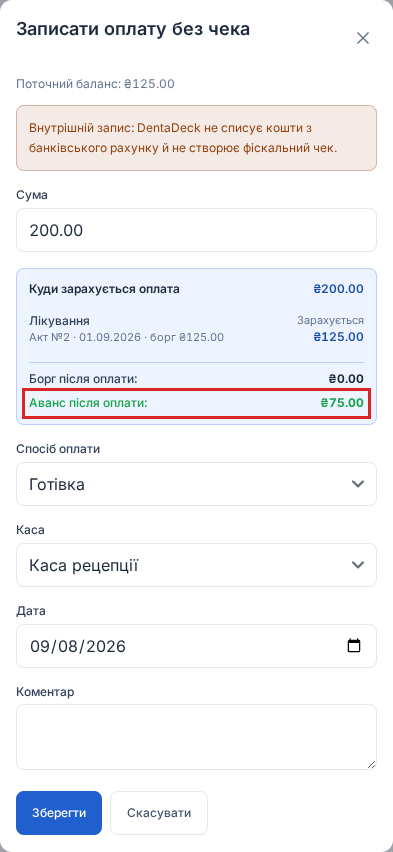 Форма оплати: при боргу 125 грн і сумі 200 грн виділено аванс 75 грн