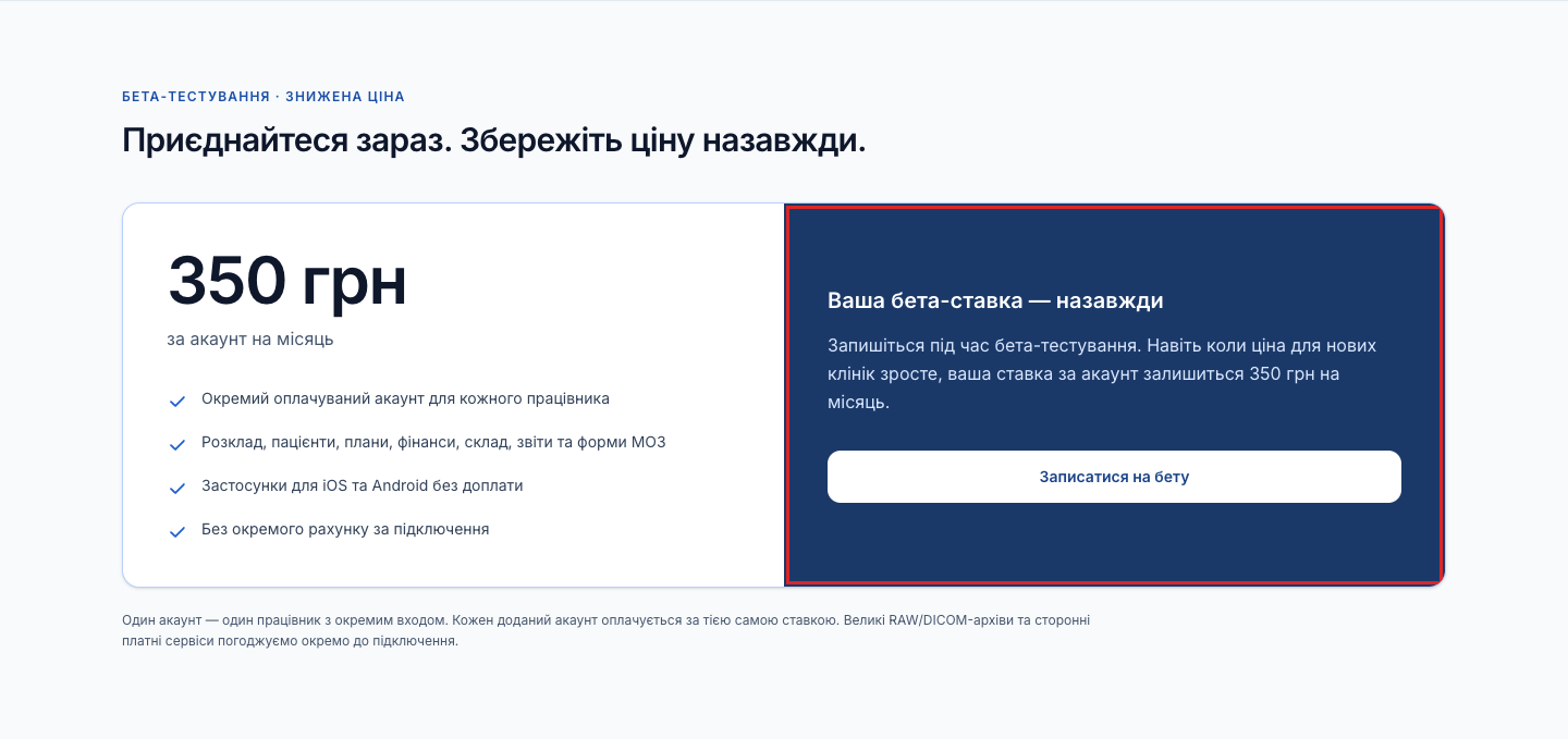 Бета-пропозиція DentaDeck: 350 грн за акаунт працівника на місяць і виділена гарантія незмінної ставки